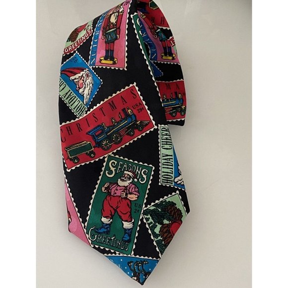 Vintage Addiction 1991 Christmas Santa Postcard Tie 100% Silk Holiday Multi Wide - Picture 8 of 16